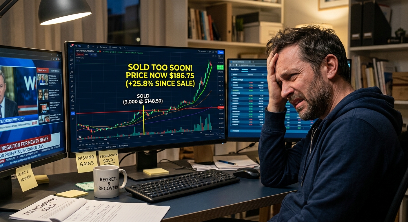 Stressed man at a trading desk with three monitors; center screen shows a stock chart and the text 'SOLD TOO SOON!'