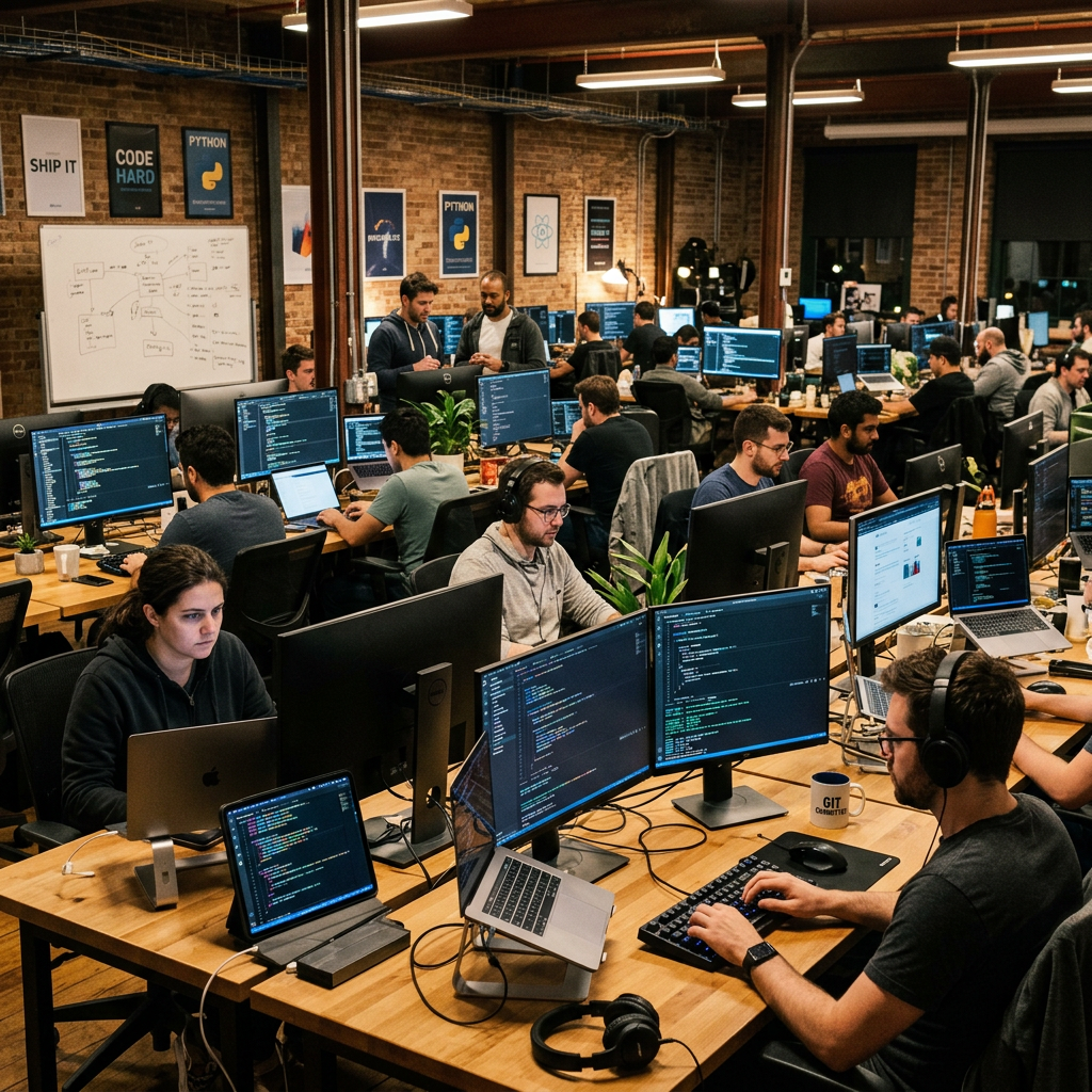 Software developers working on computers in an open-plan office with programming code on screens